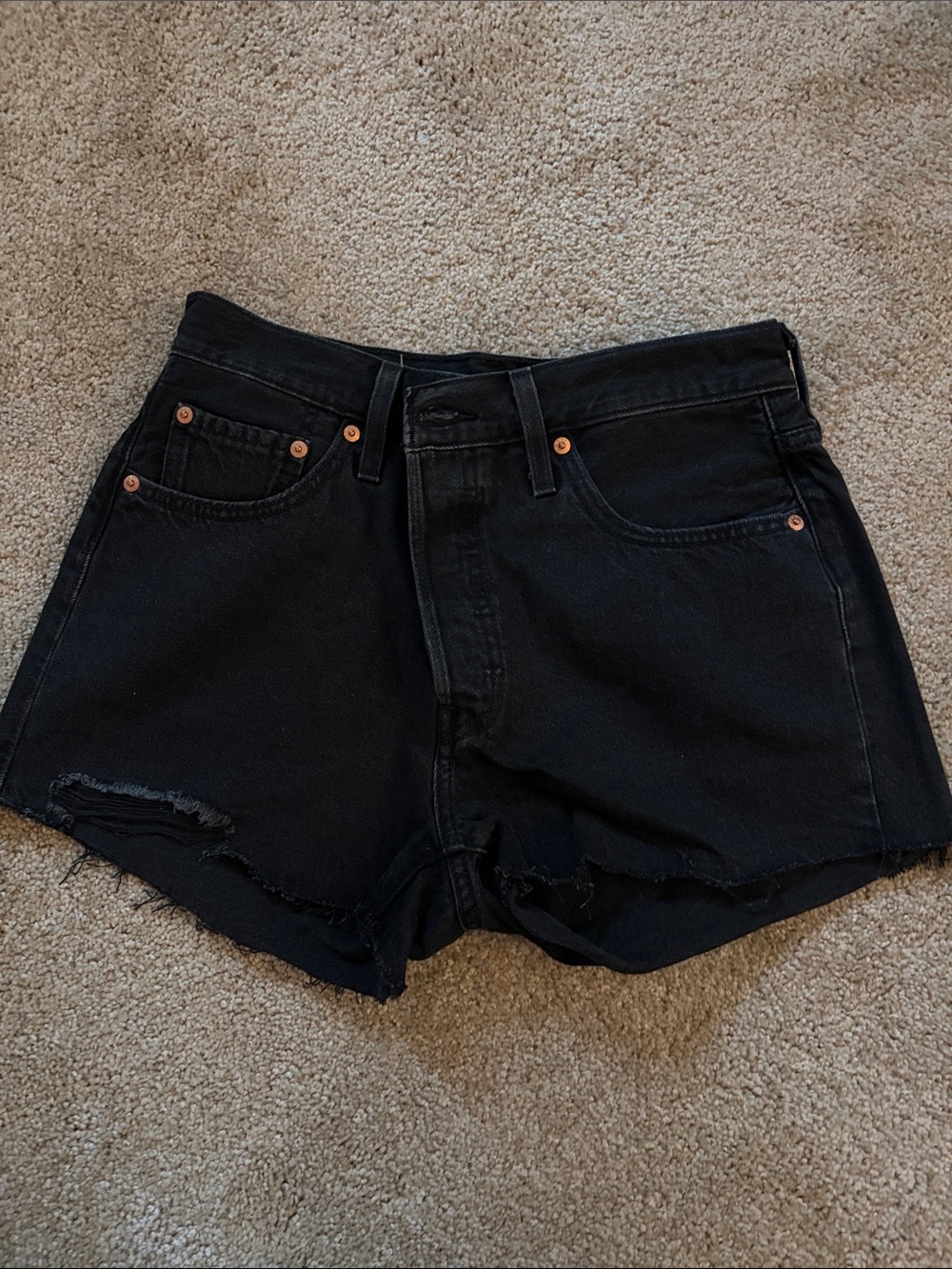 Levi’s 501 Women's Black High-Rise Distressed Denim Shorts with copper buttons